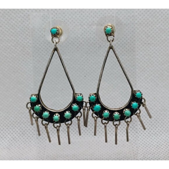 Vintage Zuni Snake Eye Turquoise Dangle Chandelier Earrings Sterling Silver - Picture 2 of 5